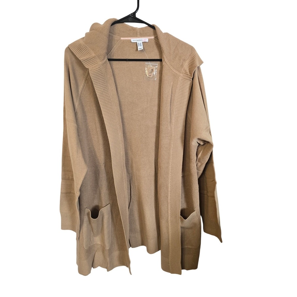 Isaac Mizrahi Live! Tan Hooded Open Front Cardigan‎ Sweater Pockets Plus Size 2X